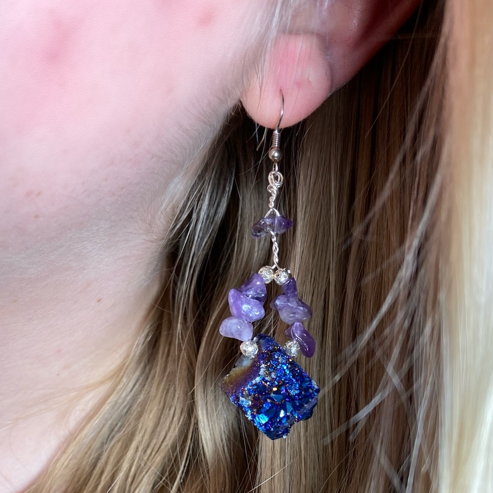 Handmade Crystal Earrings - Amethyst and Druzy - Picture 2 of 6